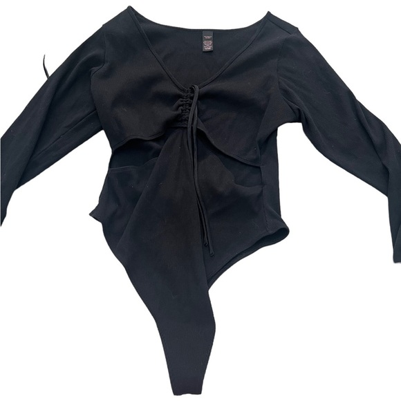 Victorias Secret Low Cut Long Sleeve Tie-Up Front Bodysuit XL Black New - Picture 3 of 3